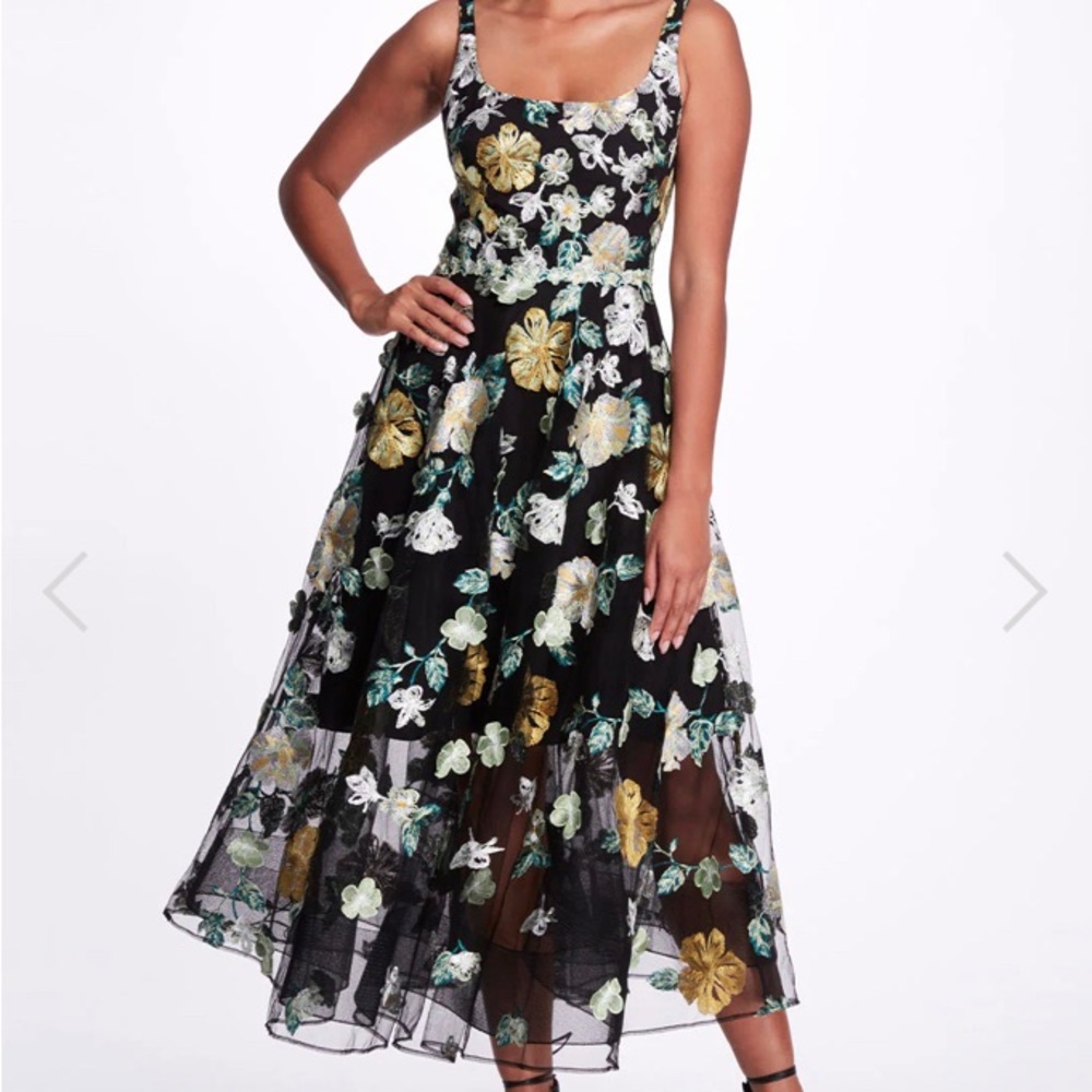 Current season NWT Marchesa Black Tulle Embroidered Floral Tea Length Gown. - Picture 1 of 13